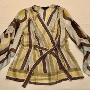 BCBG MAXAZRIA Silk Wrap Front Top - Long Sleeves - 100% Silk - Blue Green Brown